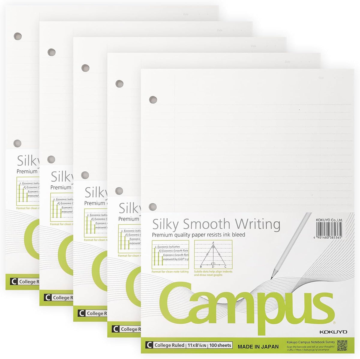 Kokuyo Campus Loose Leaf Paper for 3 Ring Binders, Smooth Writing Lined Paper, 500 Sheets, 11” x 8-1/4”, College Ruled, Bleeding-Resistance, School Suppliers, Made in Japan (WSG-NO-887G1)