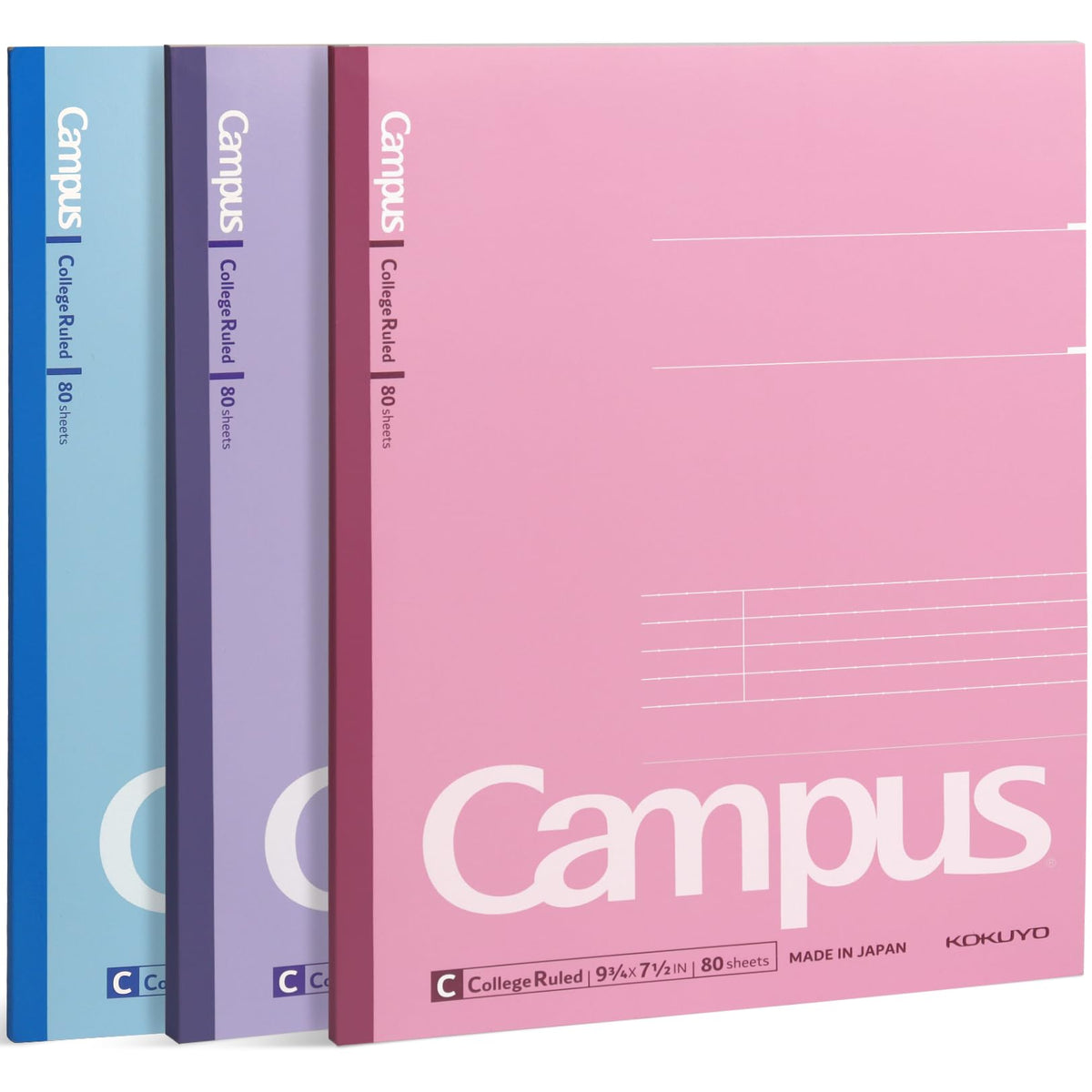 KOKUYO Composition Notebooks, 3 Pack Campus 9-3/4" x 7-1/2" Comp Book with College Ruled, 80 Sheets, Pink Blue Lavender School Lined Notebook Journal for Work Study Note Taking (WSG-NO-308CG1×3)