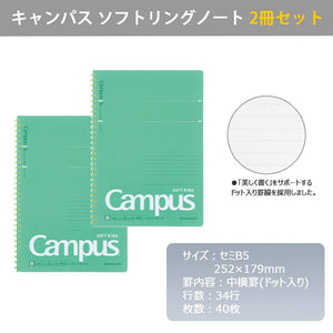 Kokuyo Campus Soft Ring Notebook, Semi-B5, B 6mm Dot Ruled, 34 Lines, 40 Sheets, Green, Set of 2, Japan Import (SU-S111BT-G)