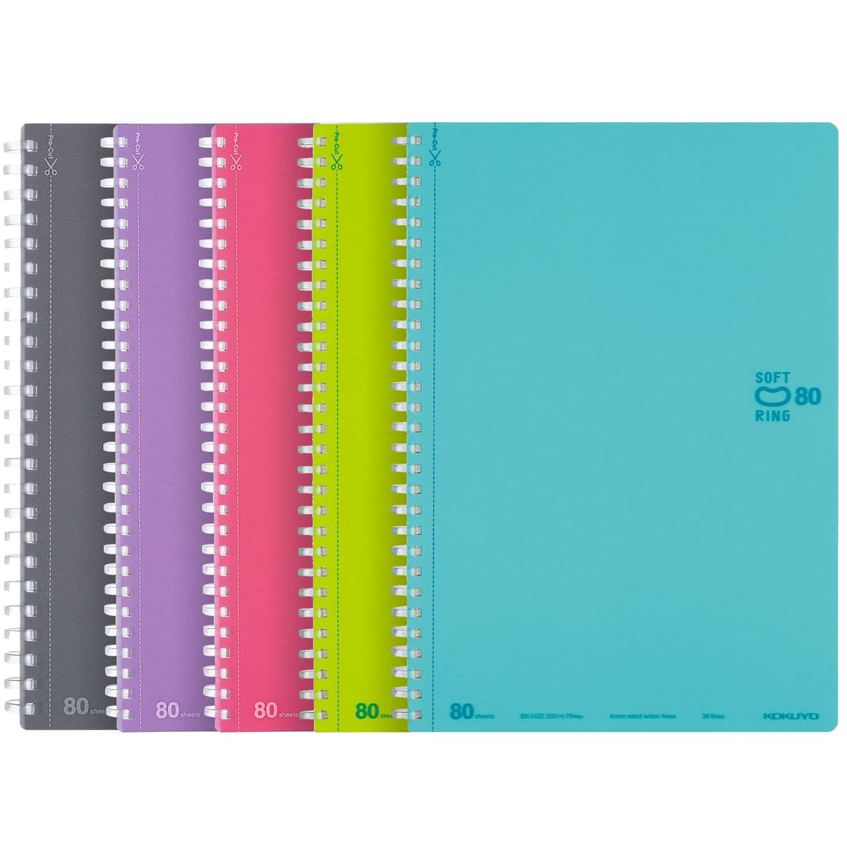 KOKUYO Spiral Lined Notebook, 5 Pack 10'' x 7'' Pastel Journal B5 Soft Ring Notebooks with Dot 6 mm Ruled, 80 Sheets, 1 Subject Notebook, Note Taking for School. Japan Import (SU-SV308BT)
