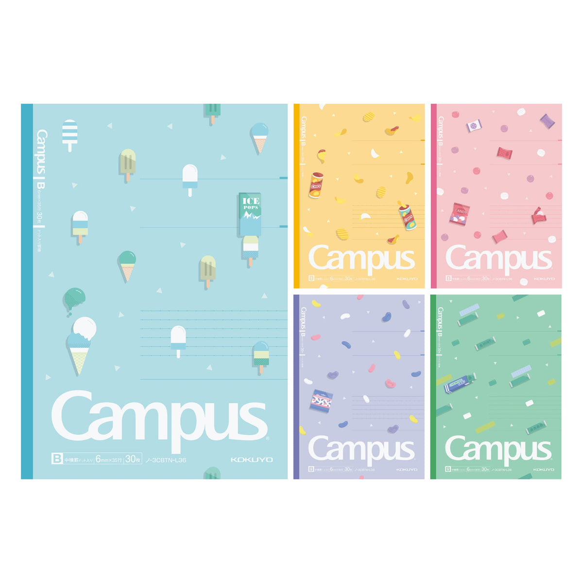 KOKUYO Composition Notebooks, 5 Pack Campus Semi-B5 Comp Book with Dot B 6mm Ruled, 30 Sheets, School Lined Notebook in Snack Motif, Journal Notebook for Women Work Study Note Taking (NO-3CBTN-L36X5)