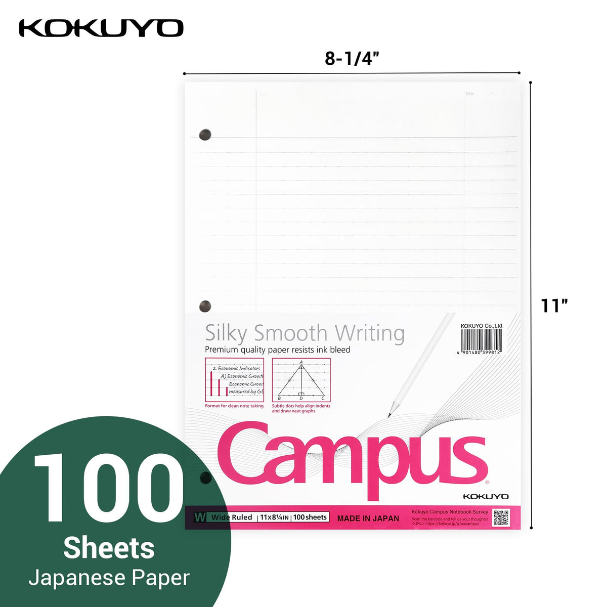 Kokuyo Filler Papers, 8-1/4"x11”, Wide Ruled 3 Hole Punched Loose Leaf Paper, 100 Sheets Bleed Resistance Notebook Paper, Japanese Smooth Lined Paper for 3 Ring Binders School Supplies, Japan Import