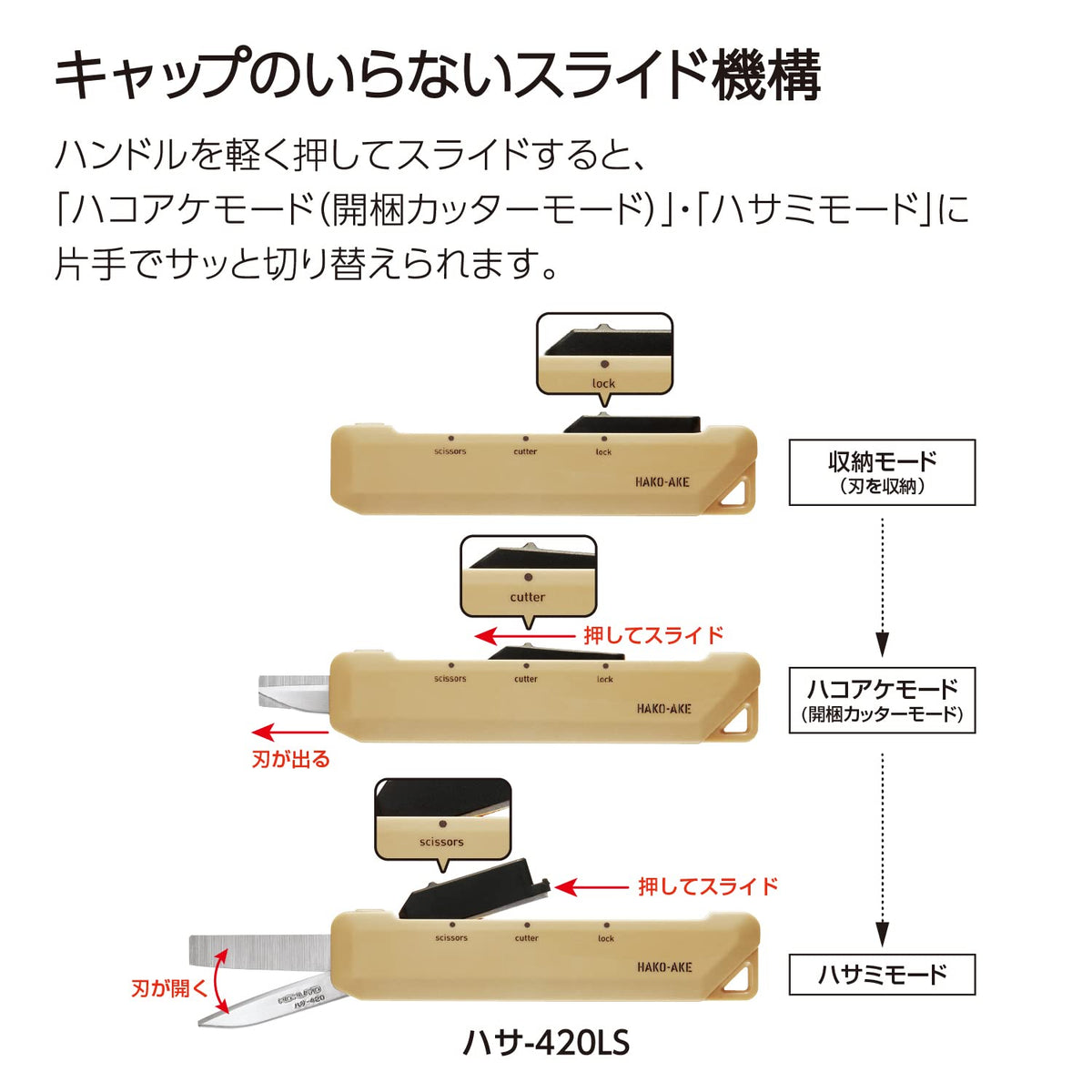 KOKUYO 2-Way Portable Scissors, HAKO-AKE Compact Pocket Size Travel Scissors, Carbon Stainless Steel Blade All Purpose Craft Scissor Box Cutter for Office, Travel and Home. Sand Beige (Hasa-420LS)