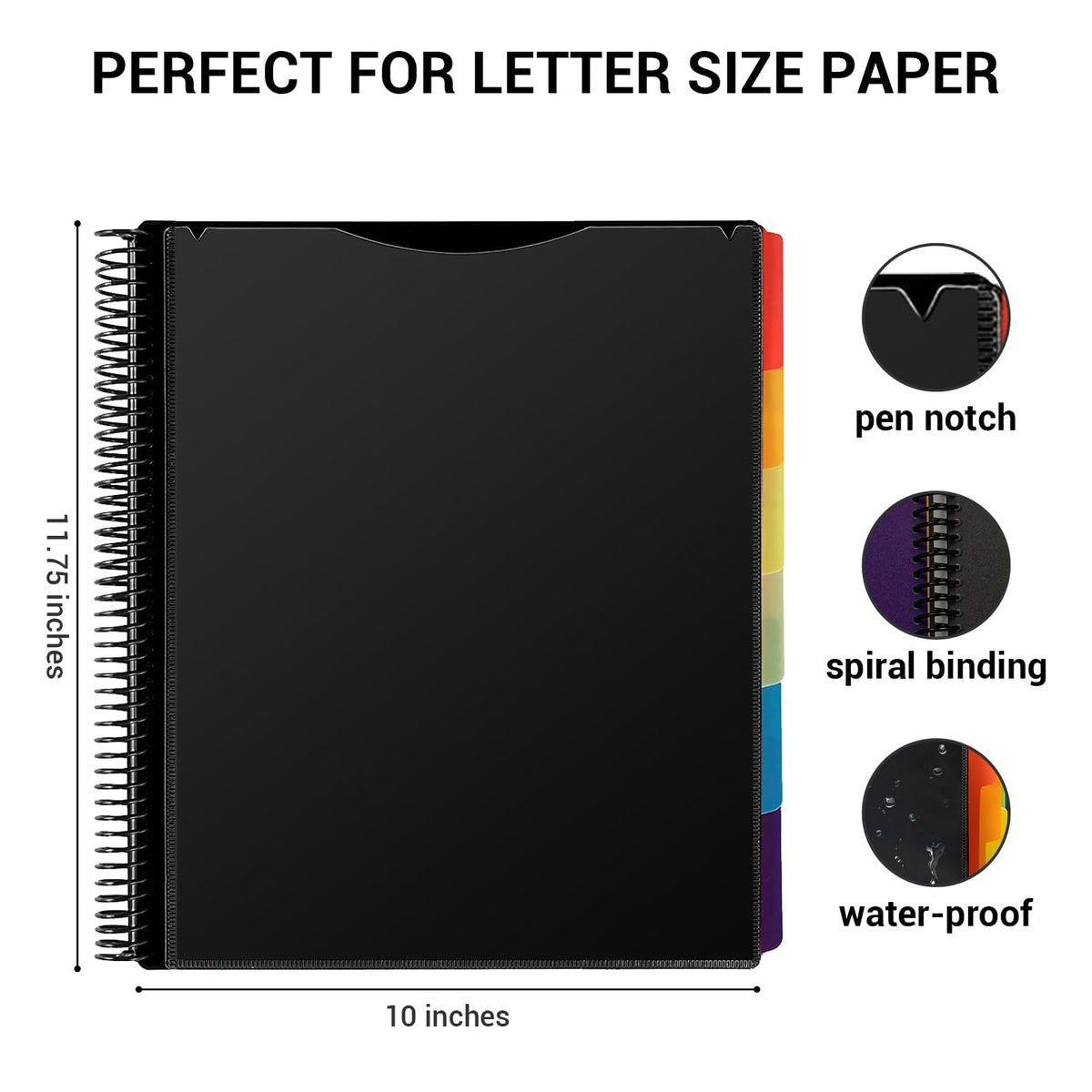 Mukawa 12 Pocket Poly Project Organizer, Spiral Project Folder Multi Pocket Folder Binder Letter Size, Back Cover Utility Pouch, 1/6 Cut Tabs, 6 Tab Color Dividers, Clear View Customizable Front Cover