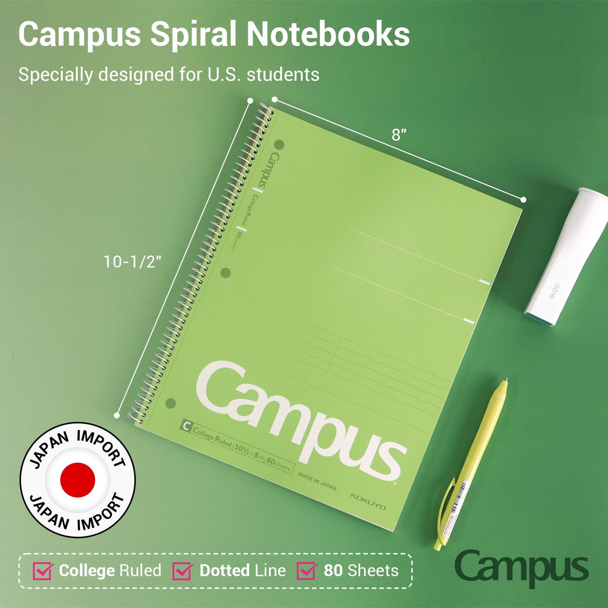 KOKUYO Spiral Notebook, 3 Pack Campus 10-1/2" x 8" Subject Notebooks with College Ruled, 80 Sheets, Pink Blue Green 3 Holes School Spiral Journal for Work Study Note Taking (WSG-SU-400G1×3)