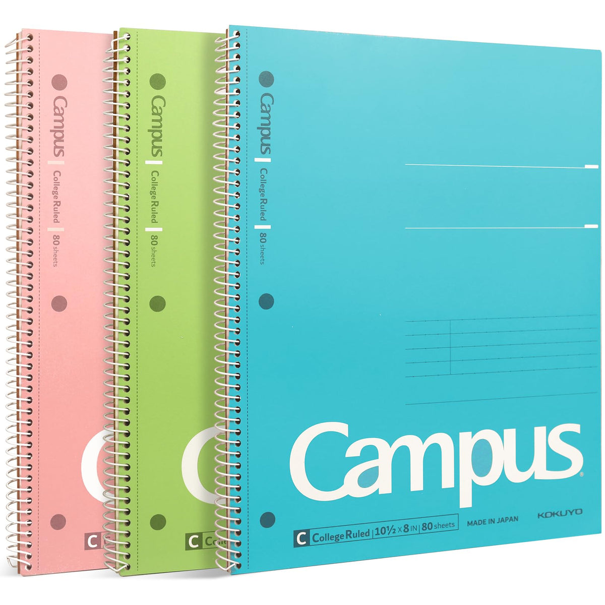 KOKUYO Spiral Notebook, 3 Pack Campus 10-1/2" x 8" Subject Notebooks with College Ruled, 80 Sheets, Pink Blue Green 3 Holes School Spiral Journal for Work Study Note Taking (WSG-SU-400G1×3)