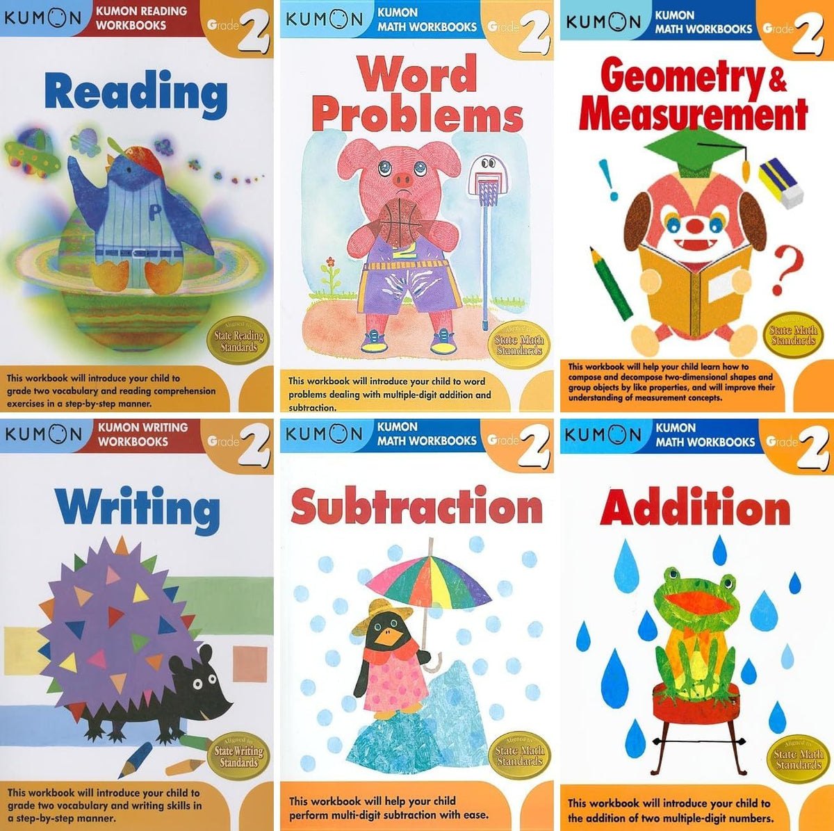 Kumon Grade 2 Complete Set (6 Workbooks) - Addition, Subtraction, Geometry&Measurement, Word Problems, Reading, Writing