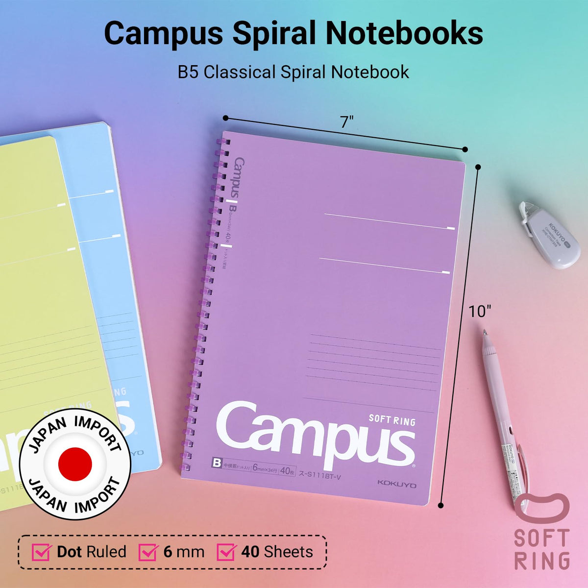 KOKUYO Spiral Lined Notebook, 5 Pack 10'' x 7'' Pastel Journal B5 Campus Soft Ring Notebooks with Dot 6 mm Ruled, 40 Sheets, 1 Subject Notebook, Note Taking for School. Japan Import (SU-S111BT)