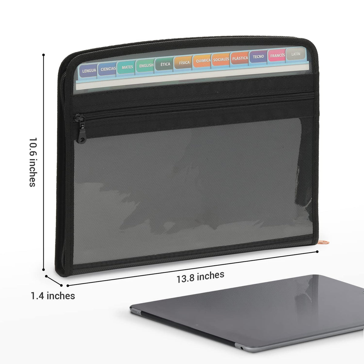 Mukawa 13 Pocket Expanding File Folder, Zippered Accordion File Organizer with Front Clear Pounch, Expandable Filing Folders for Documents, Papers Letter Size, Black