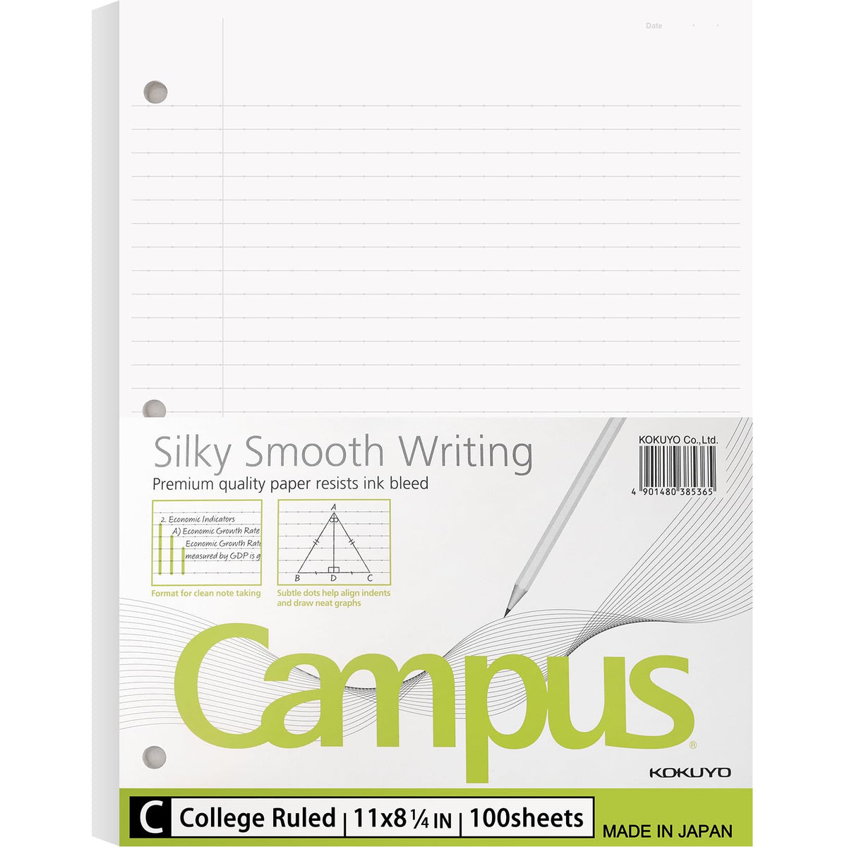Kokuyo Campus Loose Leaf Paper for 3 Ring Binders, 8-1/4"x11”, College Ruled Notebook Paper, 100 Sheets, 70 GSM Japanese Smooth Paper Prevents Ink Bleeding, School Suppliers.Japan Import(WSG-NO-887G1)