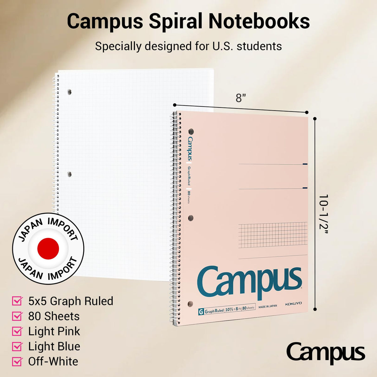 KOKUYO Spiral Notebook with 5x5 Graph Paper, 3 Pack Campus 10-1/2" x 8" Subject Notebooks, 80 Sheets, Light Pink Blue Off-White 3 Holes School Spiral Journal for Study Planner Drawing (WSG-SU-400G4×3) (Paper)