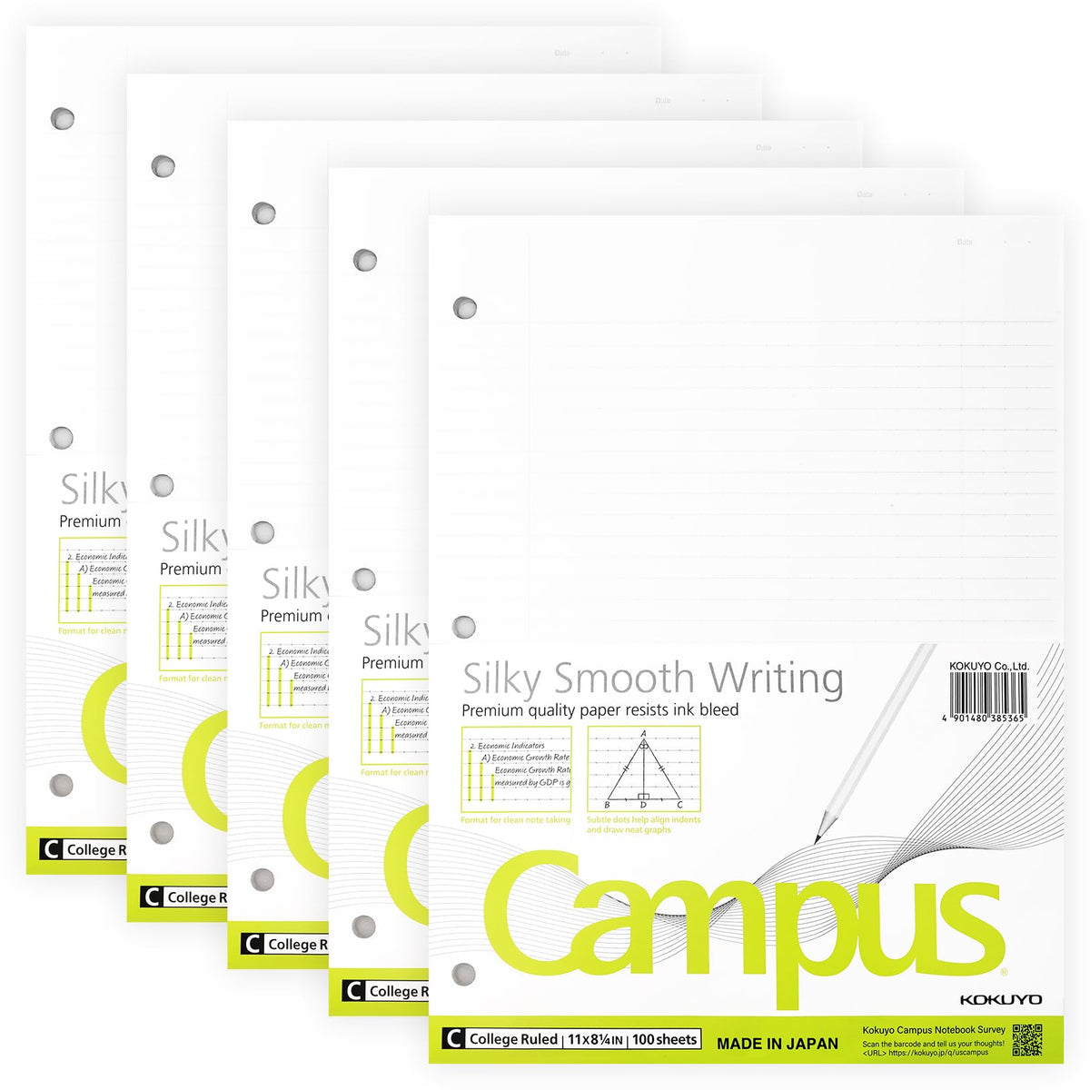 Kokuyo Campus Loose Leaf Paper for 3 Ring Binders, 11” x 8-1/4” Smooth Writing Lined Paper, 500 Sheets, 70 GSM, College Ruled, Bleeding-Resistance, School Suppliers, Made in Japan (WSG-NO-887G1x5)
