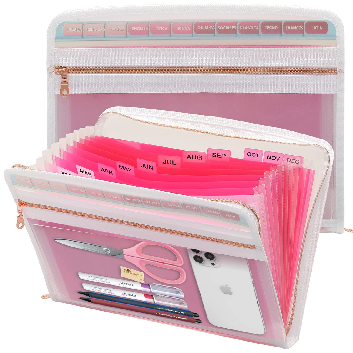 Mukawa 13 Pocket Zippered Expanding File Folder, Accordion File Organizer for Documents Letter Size A4 Papers (Pink)