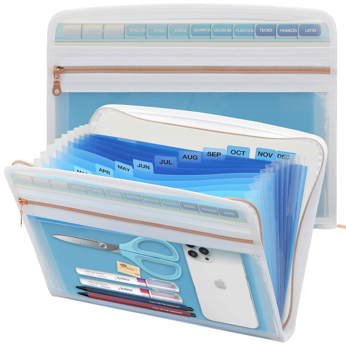 Mukawa 13 Pocket Zippered Expanding File, Zippered Accordion File Organizer, Accordion Folder with Zipper for Documents Letter Size A4 Papers (Blue)