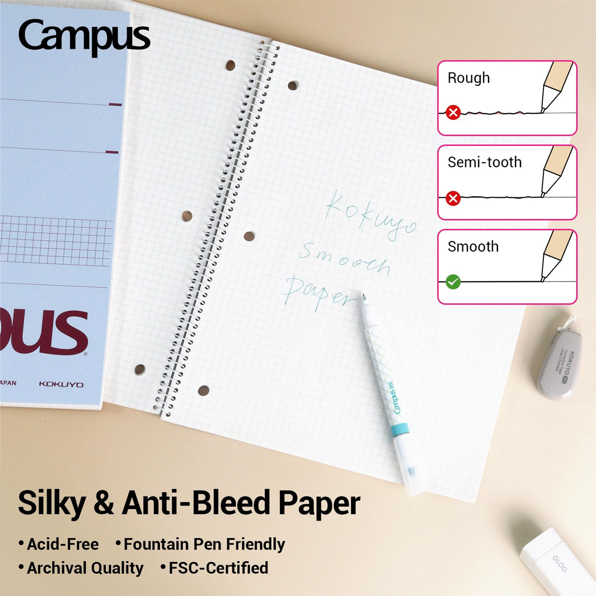 KOKUYO Spiral Notebook with 5x5 Graph Paper, 3 Pack Campus 10-1/2" x 8" Subject Notebooks, 80 Sheets, Light Pink Blue Off-White 3 Holes School Spiral Journal for Study Planner Drawing (WSG-SU-400G4×3) (Paper)