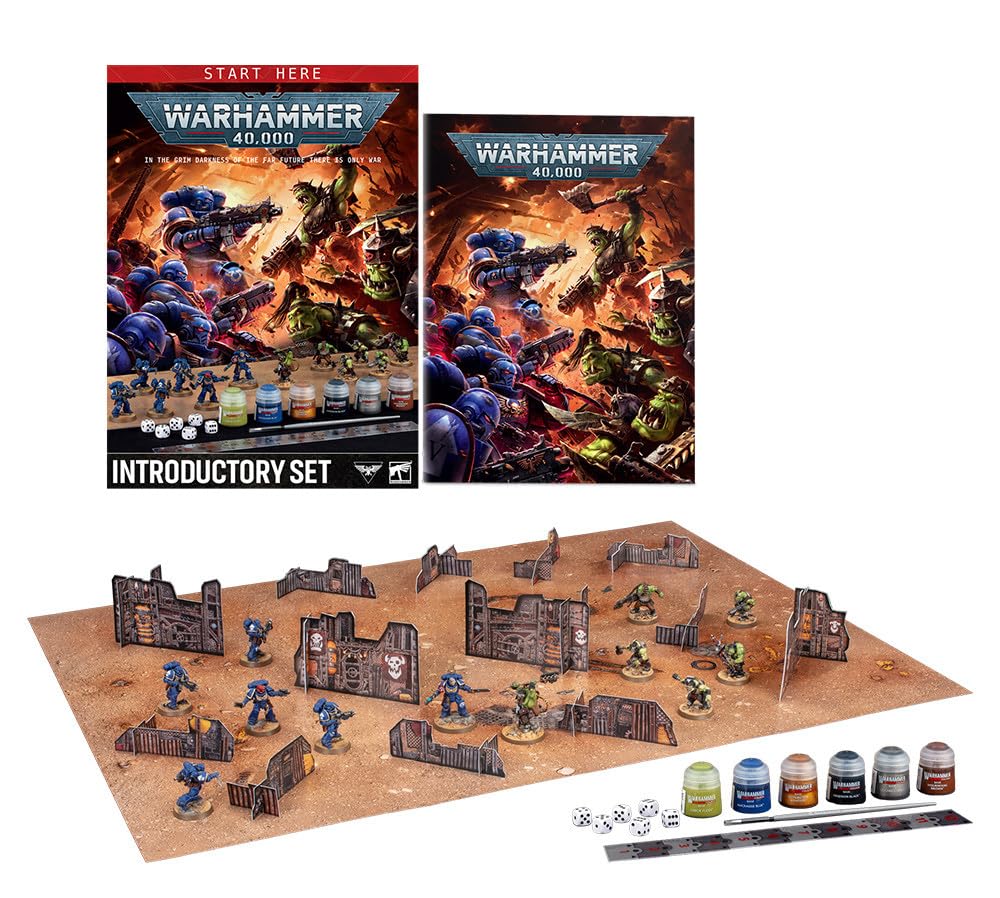 Warhammer 40,000 Introductory Set – Space Marines vs Orks Starter Game with 12 Push-Fit Miniatures, Paints, Gaming Mat & Terrain