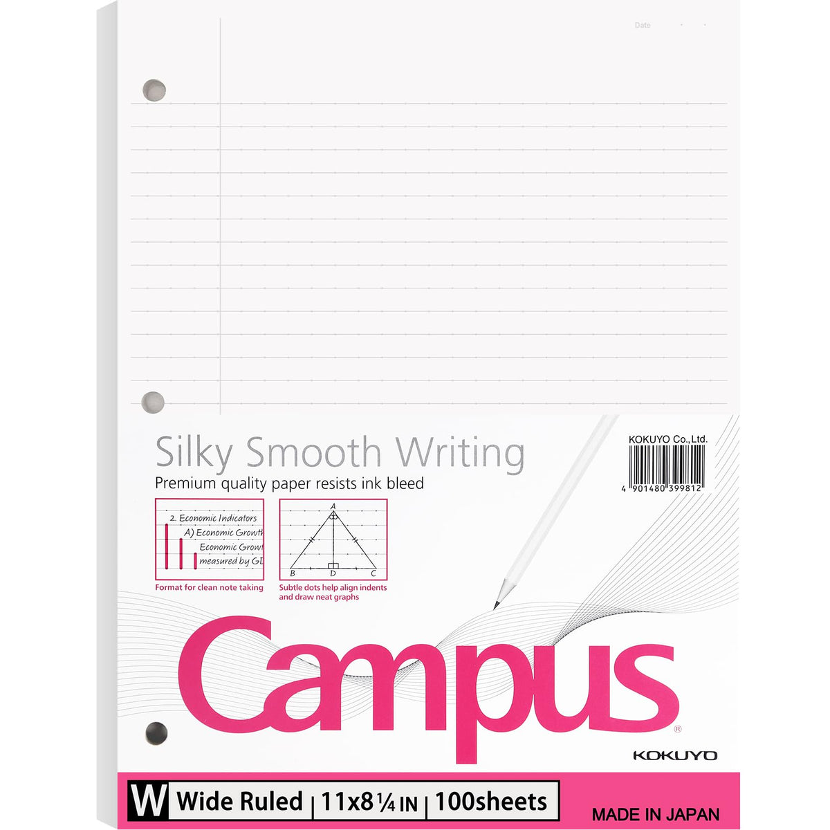 Kokuyo Filler Papers, 8-1/4"x11”, Wide Ruled 3 Hole Punched Loose Leaf Paper, 100 Sheets Bleed Resistance Notebook Paper, Japanese Smooth Lined Paper for 3 Ring Binders School Supplies, Japan Import