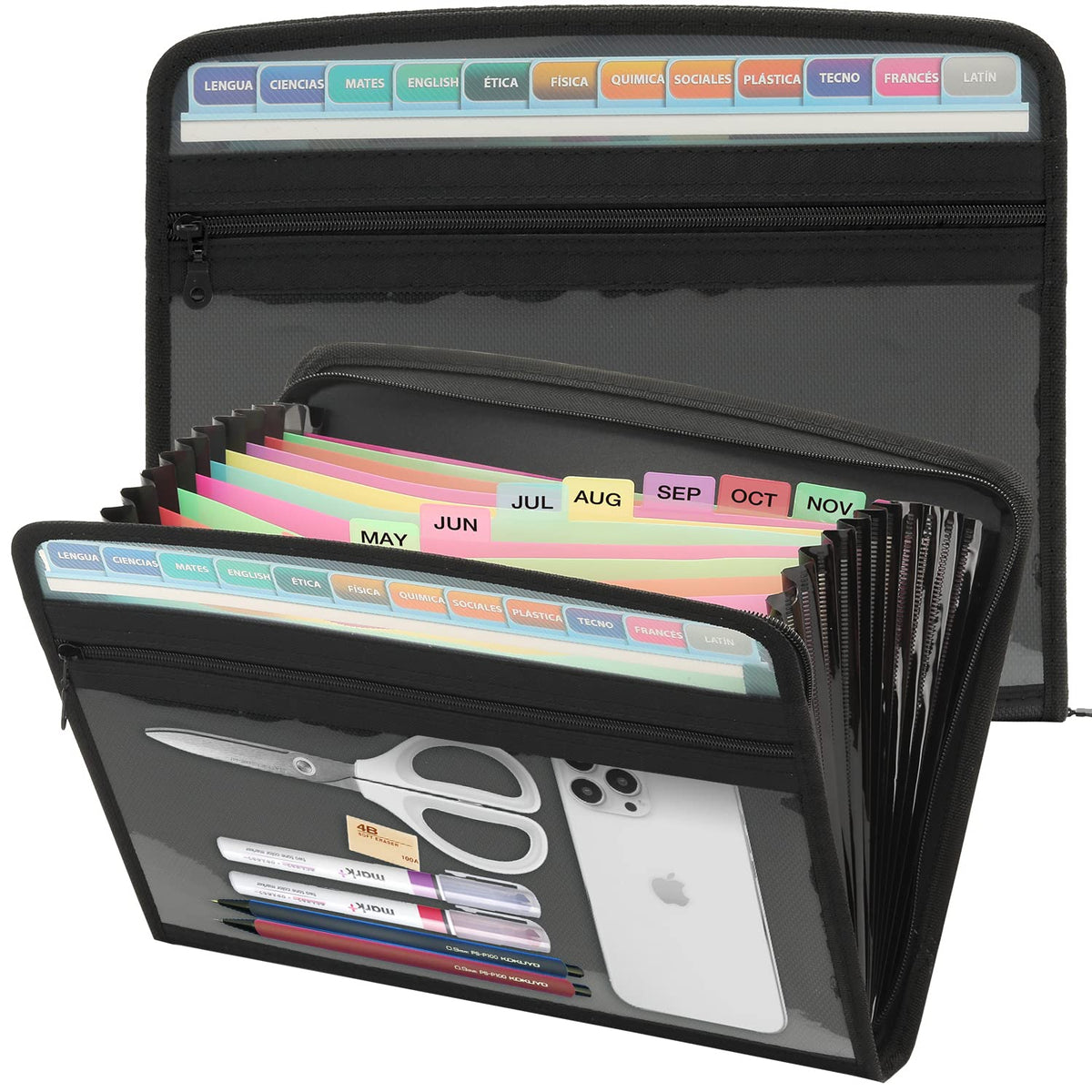 Mukawa 13 Pocket Expanding File Folder, Zippered Accordion File Organizer with Front Clear Pounch, Expandable Filing Folders for Documents, Papers Letter Size, Black