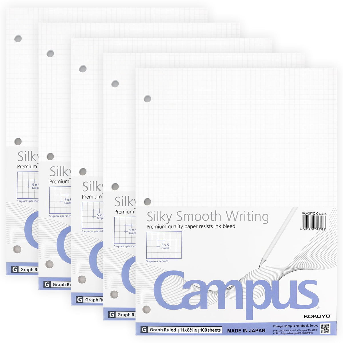 KOKUYO 5x5 Graph Paper, 8.25x11 Inches, 500 Sheets Loose Leaf Paper, Smooth Writing Surface, Bleed Resistant Filler Paper for Math, Engineering, Art Projects. Japan Import (WSG-NO-887G2x5)