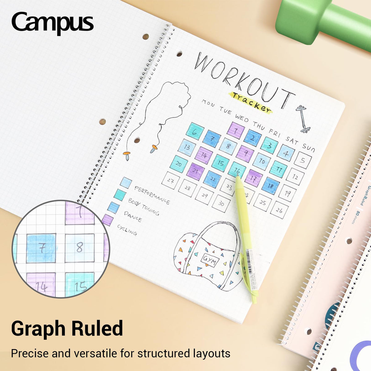 KOKUYO Spiral Notebook with 5x5 Graph Paper, 3 Pack Campus 10-1/2" x 8" Subject Notebooks, 80 Sheets, Light Pink Blue Off-White 3 Holes School Spiral Journal for Study Planner Drawing (WSG-SU-400G4×3) (Paper)