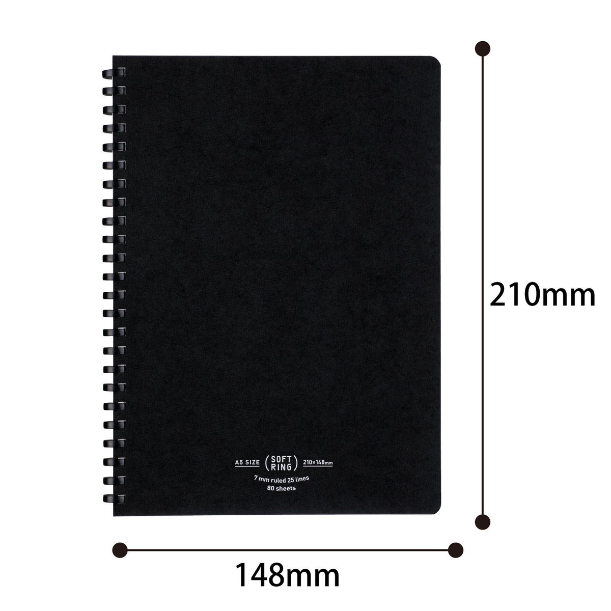 KOKUYO Spiral Lined Notebook, 8.3'' x 5.8'' Business Journal A5 Soft Ring Notebooks with 7 mm Ruled, 80 Perforated Sheets, Black 1 Subject Notebook, Note Taking for Work. Japan Import (SU-SV638A-D)