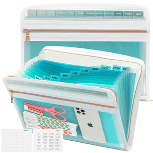 Mukawa 13 Pocket Expanding File Folder, Zipper Accordion File Folder, Expandable Folder with Customized Labels, Document Organizer for School Kids, Office Paper Organizer, Letter Size (Green)