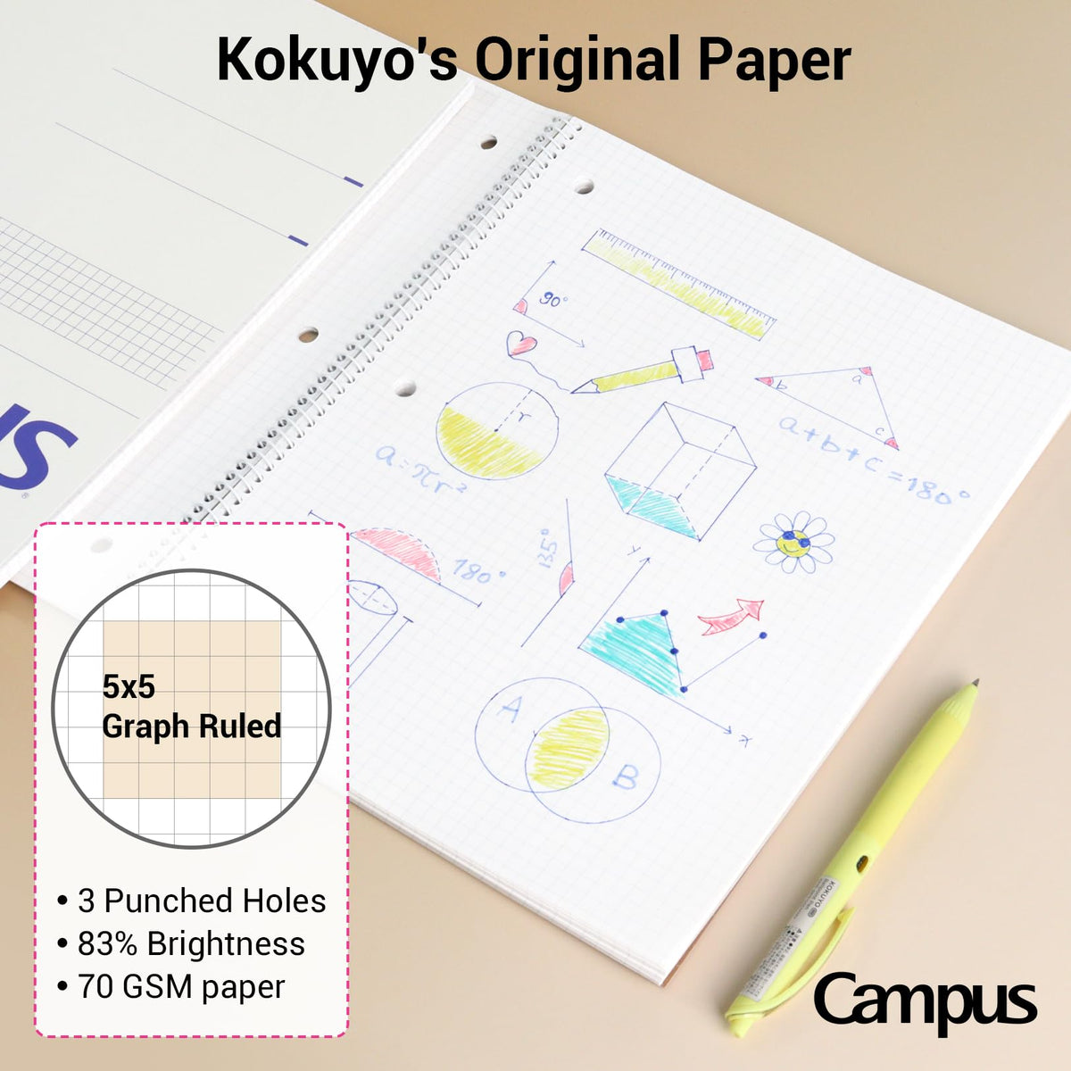KOKUYO Spiral Notebook with 5x5 Graph Paper, 3 Pack Campus 10-1/2" x 8" Subject Notebooks, 80 Sheets, Light Pink Blue Off-White 3 Holes School Spiral Journal for Study Planner Drawing (WSG-SU-400G4×3) (Paper)