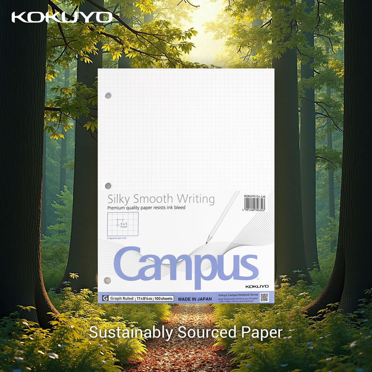 KOKUYO 5x5 Graph Paper, 8.25x11 Inches Loose Leaf Paper, 300 Sheets, Smooth Writing Surface, Bleed Resistant Filler Paper for Math, Engineering, Art Projects. Japan Import (WSG-NO-887G2x3)