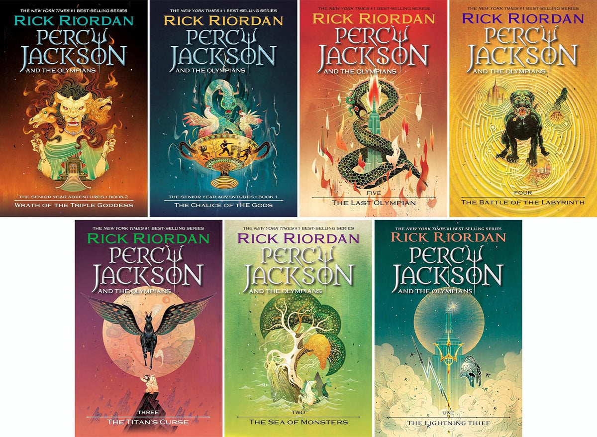 Percy Jackson and the Olympians Series, Set of 7 Books. Lightning Thief, Sea of Monsters, Titan's Curse, Battle of the Labyrinth, Last Olympian, The Chalice of the Gods, Wrath of the Triple Goddess