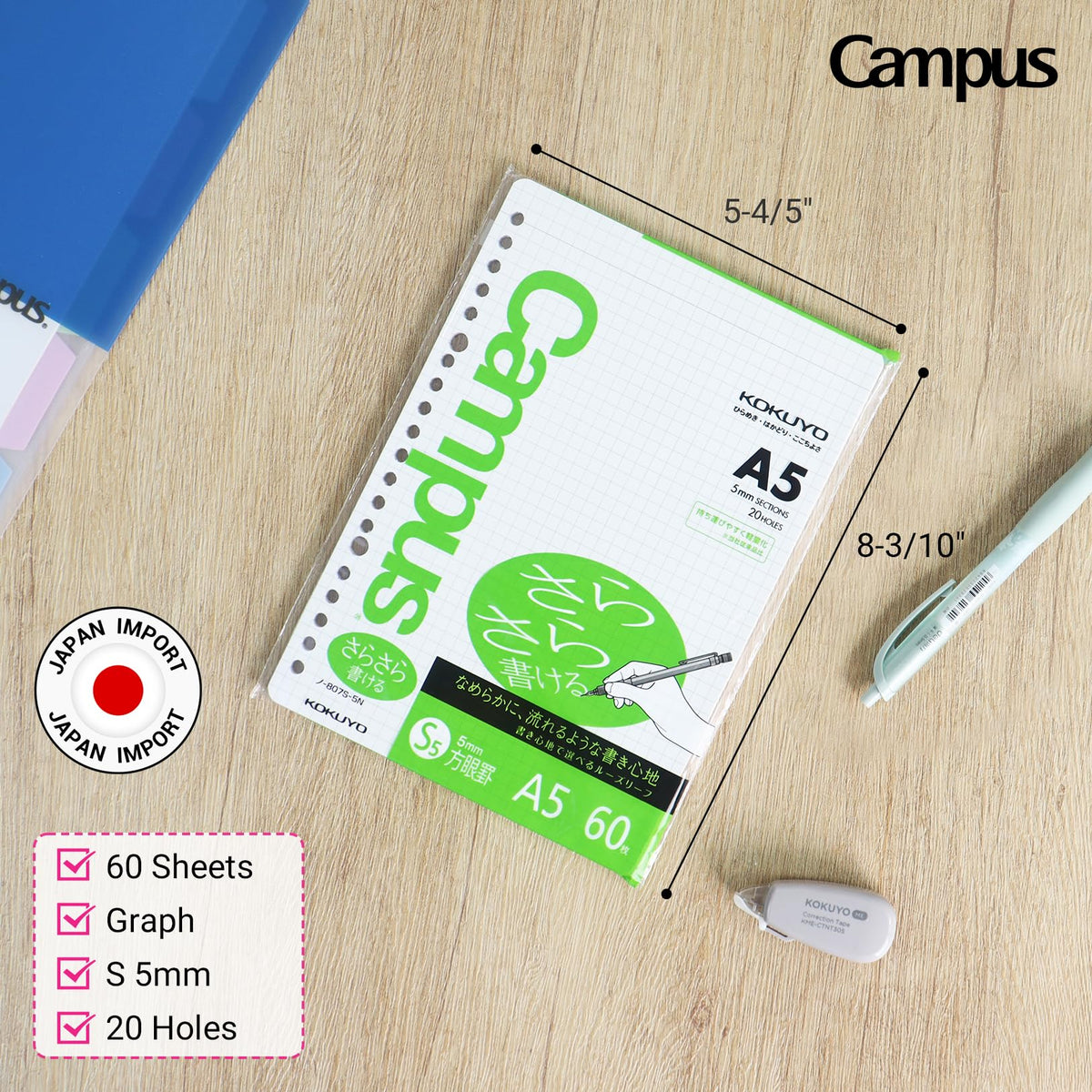 Kokuyo Campus Loose Leaf Paper, A5 Filler Paper with 5x5 Graph, 60 Sheets 75 GSM Sarasara Smooth Writing, 20 Holes, 8-1/4"x6” Binder Notebook Bleed Resistant Paper. Japan Import (NO-807S-5N)