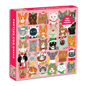 Galison Festive Furballs Puzzle, 500 Pieces, 20” x 20” – Cat Jigsaw Puzzle Featuring a Festive Holiday Illustration by Liza Lewis – Thick, Sturdy Pieces, Challenging Family Activity, Great Gift Idea