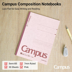 KOKUYO Campus Composition Notebook, 7 x 10 inch Lined Notebooks with 30 Sheets 7mm Ruled Paper, 5 Pack B5 Pink Notebook for School and Work, School Supplies Comp Book for Journal Diary, Japan Import