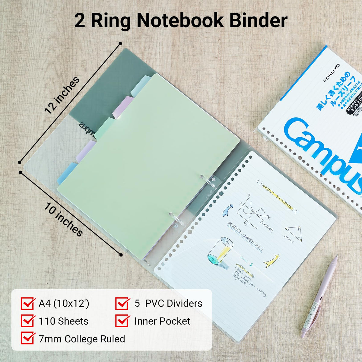 KOKUYO 5 Subject Spiral Notebook Journal, Campus 110 Sheets A4 Refillable Notebook with Dividers Tabs, College Ruled Binder Notebook for Work School Note taking, Gray, Japan Import