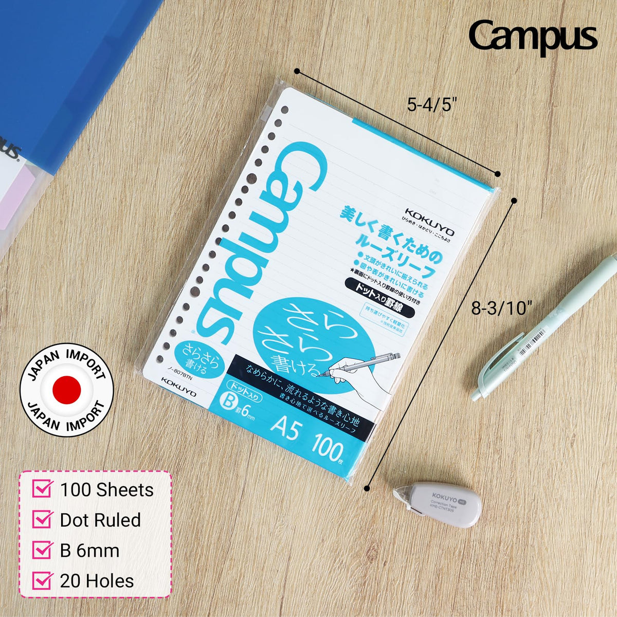 Kokuyo Campus Loose Leaf Paper for Binders, 2 Pack Sarasara Smooth Writing Paper, A5, 6 mm Dotted Rule, 20 Holes, 100 Sheets, Bleed resistance (NO-807BT)