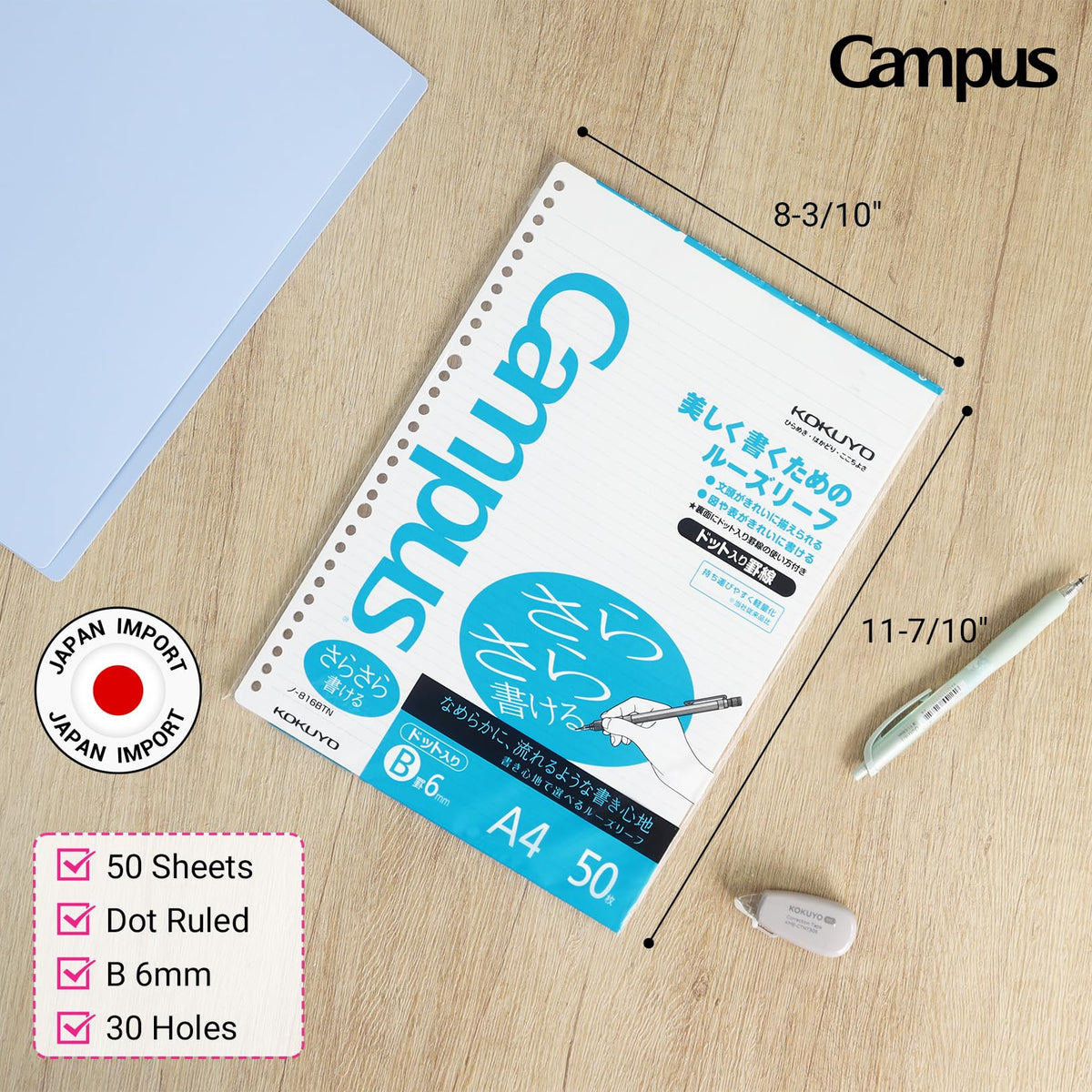 Kokuyo Campus Loose Leaf Paper, A4 Filler Paper with B 6mm Dot Ruled, 50 Sheets 75 GSM Sarasara Smooth Writing, 30 Holes, 11-3/4"x8-1/4” Binder Notebook Bleed Resistant Paper. Japan Import (NO-816BTN)