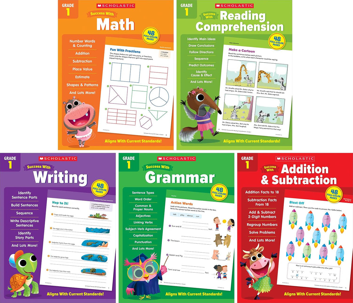 Scholastic Success with Math, Reading Comprehension, Writing, Grammar, Addition & Subtraction, Grade 1 Workbook, 5 Books Collection Set
