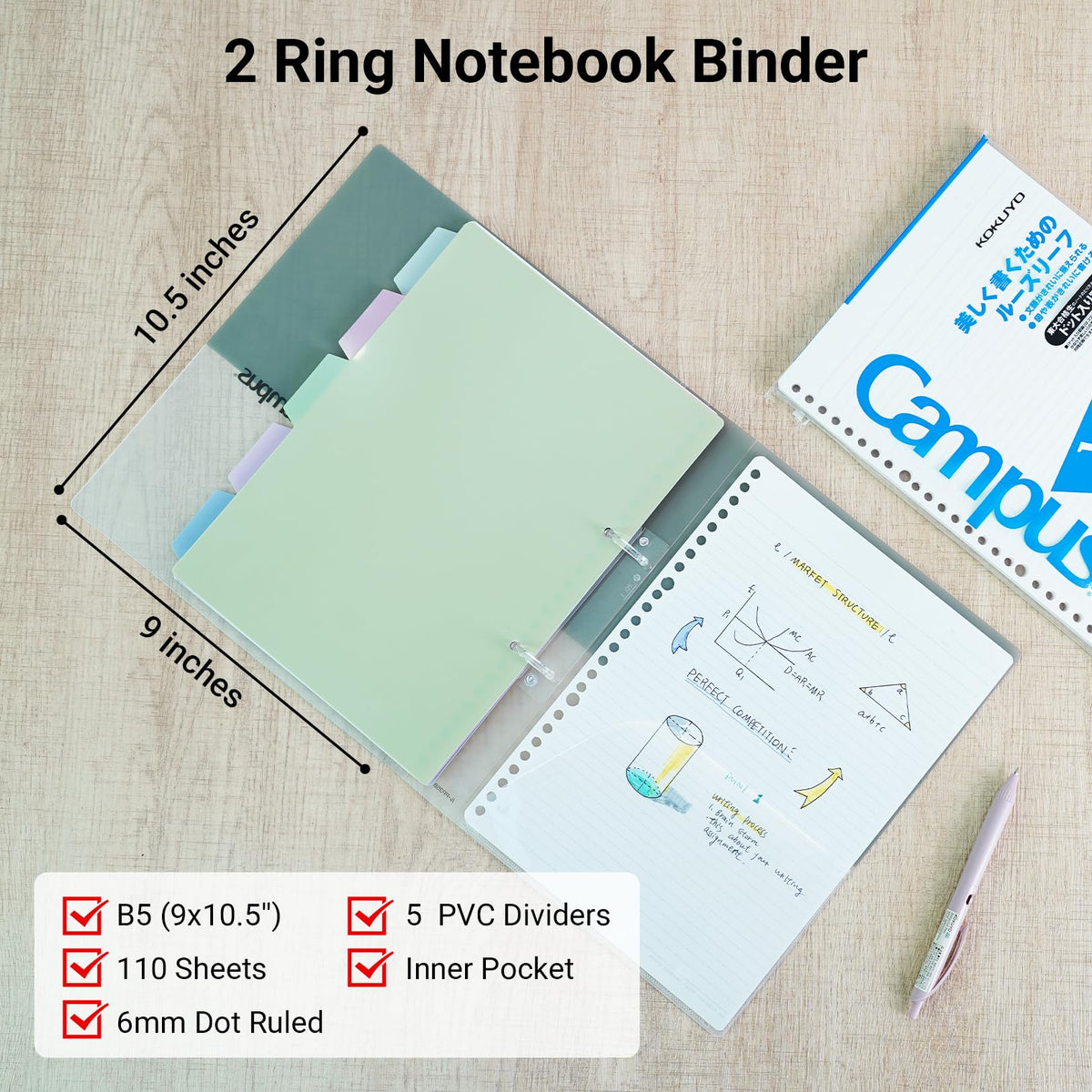KOKUYO 5 Subject Spiral Notebook Journal, Campus 110 Sheets B5 Refillable Notebook with Dividers Tabs, 6mm Dot Lined Binder Notebook for Work School Note taking. 9" x 10.5", Light Blue, Japan Import