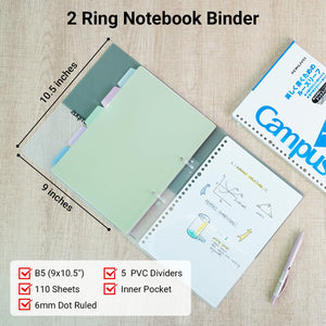 KOKUYO 5 Subject Spiral Notebook Journal, Campus 110 Sheets B5 Refillable Notebook with Dividers Tabs, 6mm Dot Lined Binder Notebook for Work School Note taking. 9" x 10.5", Light Blue, Japan Import