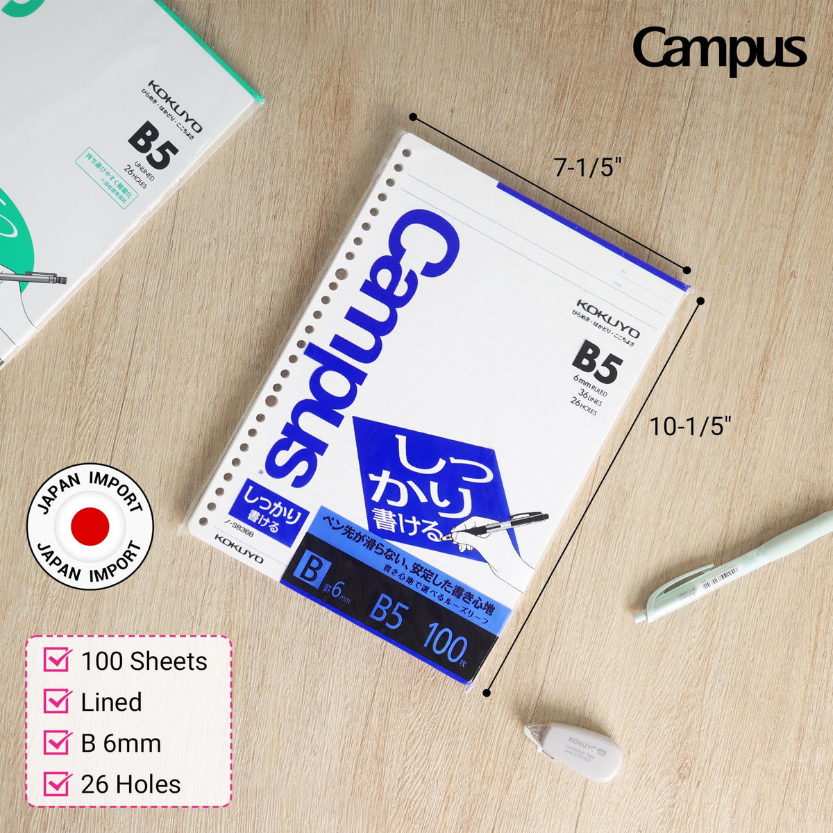 Kokuyo Campus Loose Leaf Paper for Binders, Shikkari Firm Writing, B5, B 6mm Ruled, 26 Holes, 36 Lines, 100 Sheets, pH Neutral, Bleed Resistant, 77gsm, Pack of 2, Japan Import (NO-S836B)