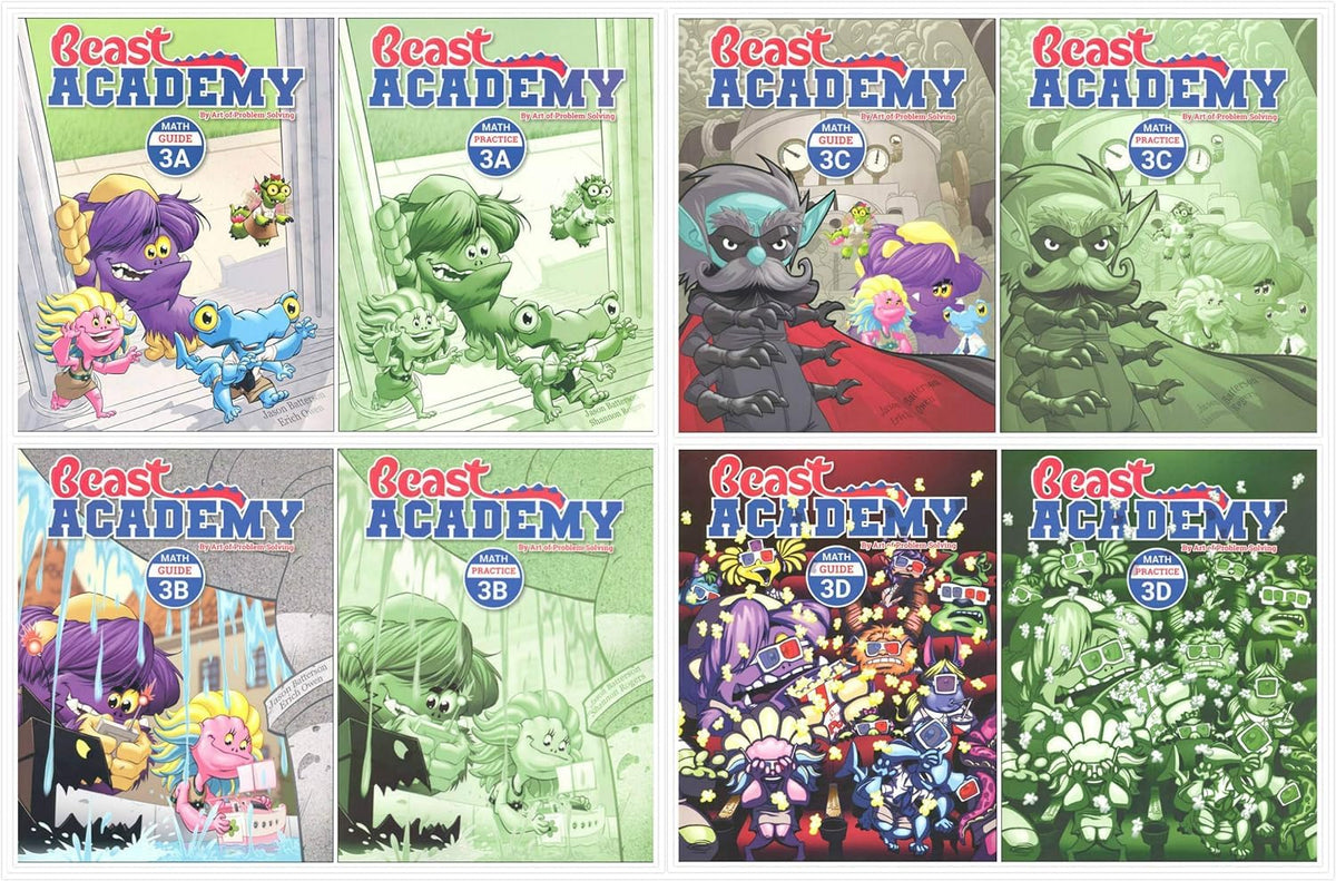 Art of Problem Solving: Beast Academy Grade 3 Complete Books Set (8 Books) - Math Guide 3A, 3B, 3C, 3D & Math Practice 3A, 3B, 3C, 3D